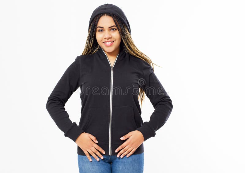 年轻美国黑人的戴头巾女孩画象被隔绝的白色背景的,妇女运动衫嘲笑 库存照片 年轻美国黑人的戴头巾女孩画象被隔绝的白色背景的,妇女运动衫嘲笑 库存照片